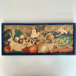 Folk Art Picture of Rabbits Amongst the Garden Vegetables in Blue Wood Frame